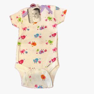 Gerber Onesie Baby Girl White Multi-colored Birds Trimmed in Purple Size 0-3 M